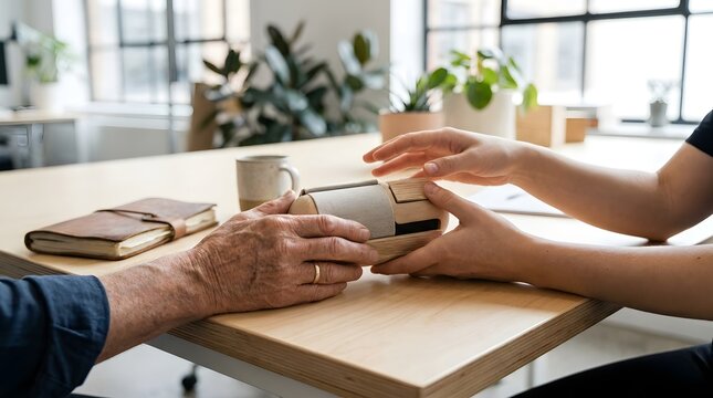 Caregiver or younger family member giving a modern smart speaker device to an elderly senior in a bright, contemporary room.