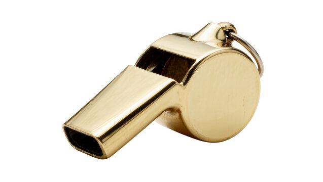 Shiny metallic gold whistle with a ring, isolated on transparent background