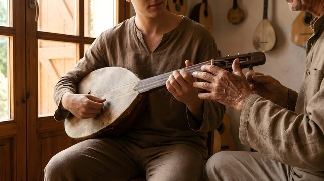 Older master teaching a young apprentice to play a traditional stringed instrument in a rustic luthier workshop.