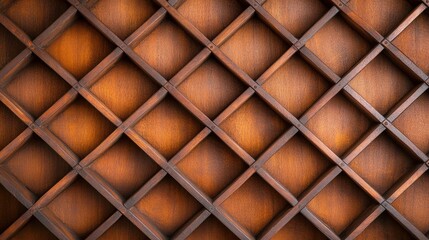Fototapeta premium Artistic display of wine bottles in a diamond-shaped wooden rack under warm lighting for a cozy ambiance