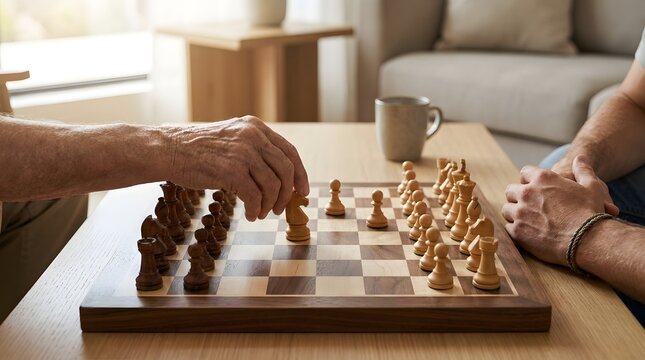 Close-up of an elderly person playing a strategic game of chess with a younger companion in a bright living room.