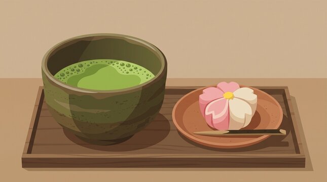  Illustration of Healthy Matcha Green Tea and Wagashi