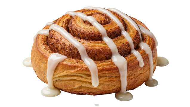 Flaky cinnamon roll with sweet white icing drizzled, isolated on transparent background
