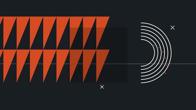 Abstract Geometric Motion Graphics with Orange Triangles and Semi Circles on Dark Textured Background.