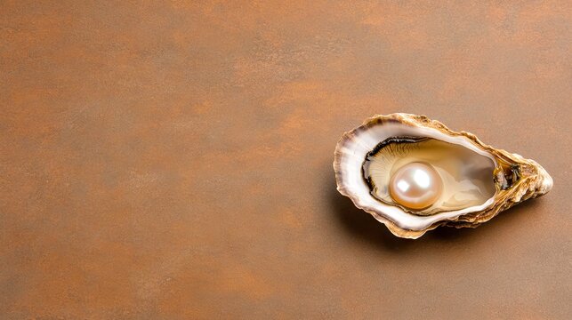 A stunning oyster shell reveals a lustrous pearl, showcasing nature's elegance on a warm, textured background