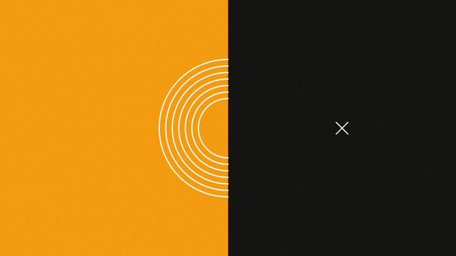 Abstract split screen background with a bright orange side with white concentric circles and a dark black side with a white cross ideal for intros and outros or a product showcase.