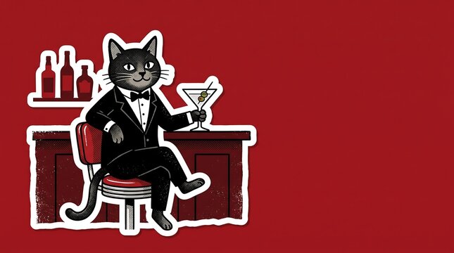 Dapper cat in a tuxedo sitting at a bar holding a martini glass on a red background