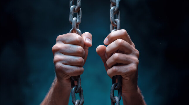 Hands gripping metal chains in dark environment. Conceptual representation of struggle, confinement, and the desire for freedom.