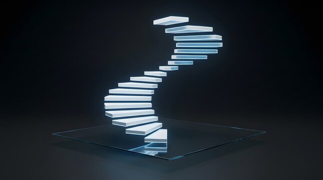 White spiral staircase floating above a reflective square platform stairs wallpaper backgrond