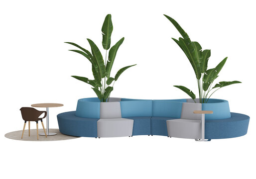 Side view of a modern curved modular lounge sofa in blue and grey, featuring central green plants and wooden side tables. The interior furniture is isolated on transparent background.