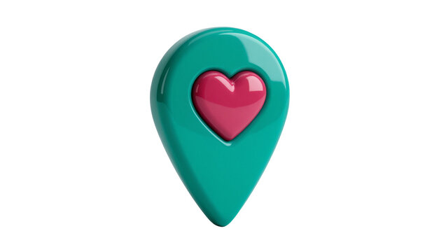 Teal location pin with pink heart inside, isolated on transparent background
