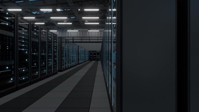 Computer server room in data center center corridor, representing cloud computing network infrastructure, big data storage hosting, cyber security mainframes server equipment