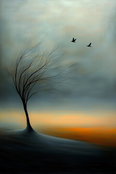 Minimalist fine art landscape with solitary bare tree and birds at dramatic sunset for atmospheric wall art print, autumn sadness loneliness background with copy space.