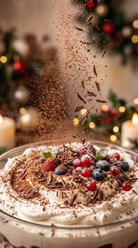 Macro shot of cocoa powder falling on whipped cream of homemade English trifle dessert