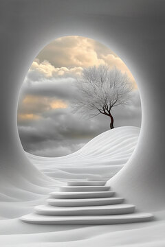 Surreal white arch portal with stairs leading to snowy tree landscape at cloudy sunset for conceptual background, futuristic architectural art print with copy space.