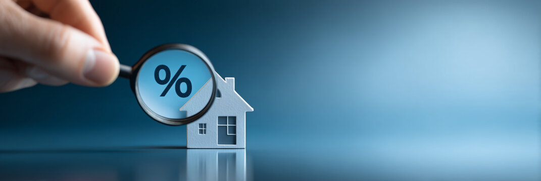 Hand holding magnifying glass with percent sign over house model for real estate mortgage rate banner, property tax interest calculation concept with copy space on blue.