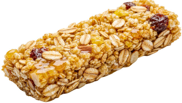 Hearty oat and dried fruit granola bar sticky honey binding, isolated on transparent background
