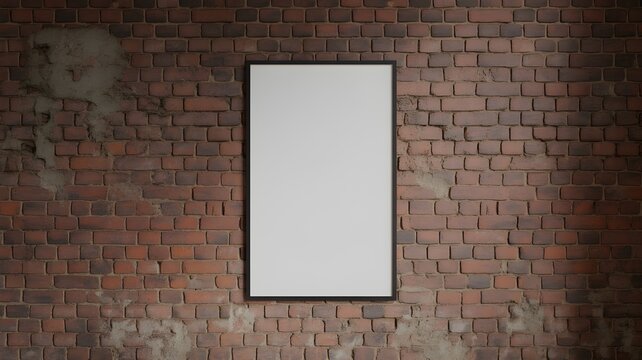 Blank vertical picture frame mockup on a rustic red brick wall