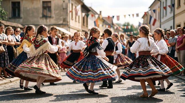 Children in traditional folk costumes dancing on a village street during a festival