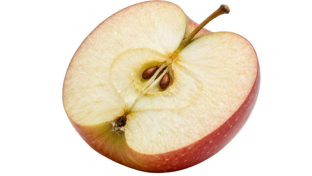 Red apple half showing seeds and stem, isolated on transparent background