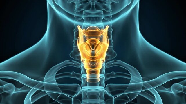 3D medical animation of the human throat and larynx area with a glowing orange highlight on the thyroid gland against a blue skeletal background