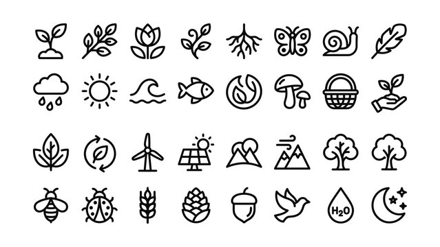Collection of minimalist nature and environmental icons on transparent background