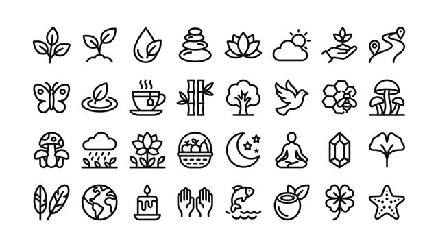 Collection of minimalist nature and wellness icons isolated on transparent background