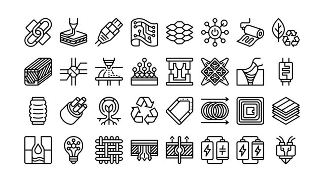 Collection of various technology and manufacturing industry icons isolated on transparent background