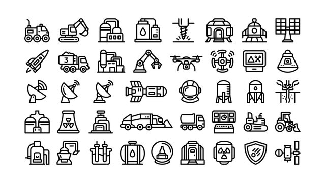 Collection of various industrial machinery and technology icons isolated on transparent background