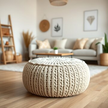 Cream knitted pouf ottoman in cozy living room