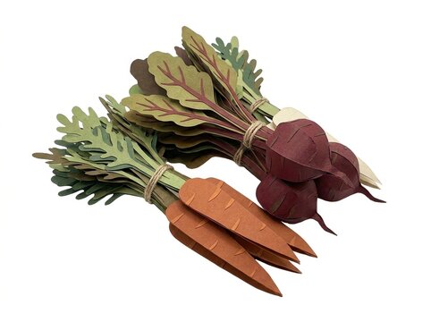 Colorful bunches of carrots and beets with green tops displayed at a lively farmers market