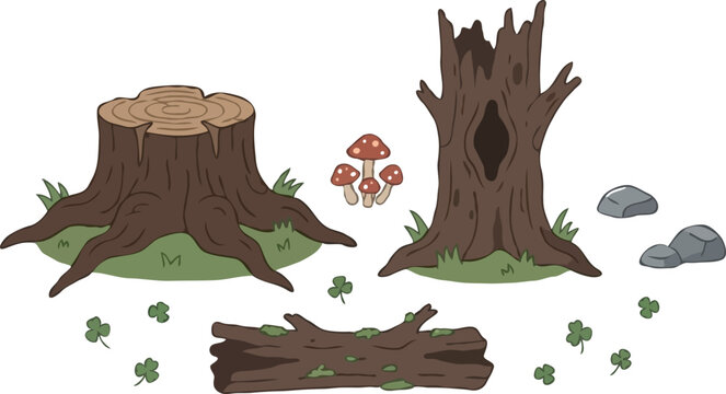 Woodland tree stumps and old forest logs vector illustration set with hollow dead trees red toadstool mushrooms moss and grass design elements.