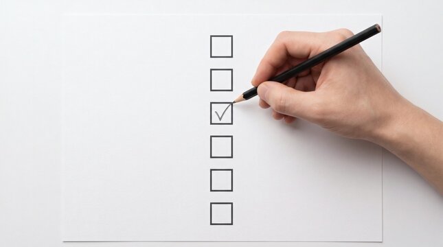 Hand marking a checkbox on a checklist with a pen.