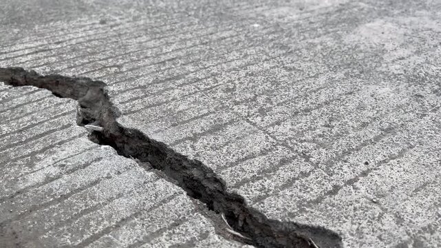 Diagonal shot of deep structural crack on gray concrete road surface