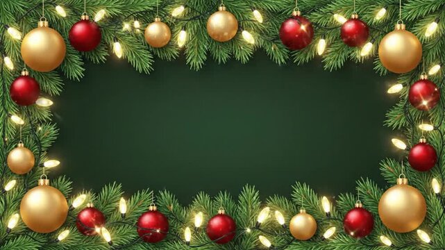 Christmas Pine Garland Frame Animation with Golden Baubles Sparkling Lights and Green Background