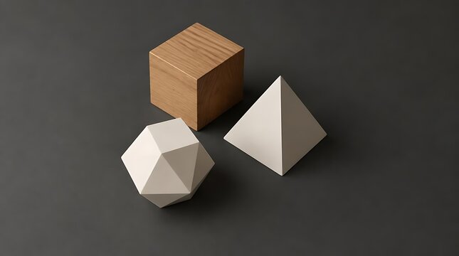 Geometric shapes including a cube, pyramid, and dodecahedron on a dark background.