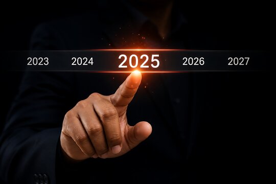 Finger selecting highlighted year 2025 on digital timeline display