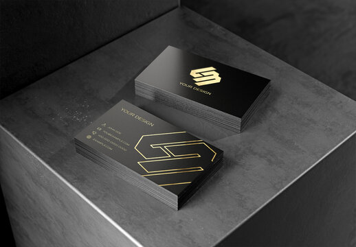 2 Black Business Card Stacks On Dark Metal Display Mockup