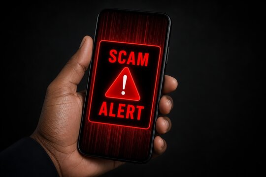 Hand holding smartphone displaying scam alert warning with red screen