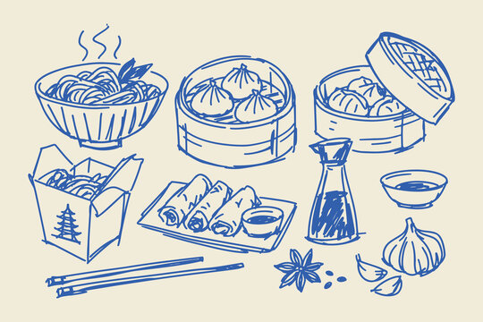 Asian Dumplings and Noodles Hand Drawn Food Set