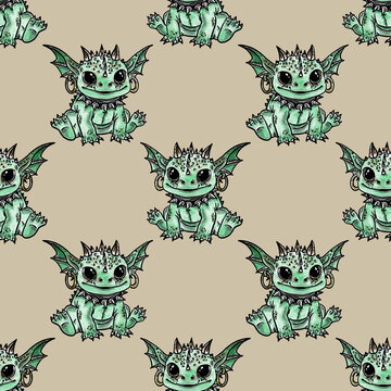 Cute baby monster hand drawn watercolour cartoon illustration repeating pattern