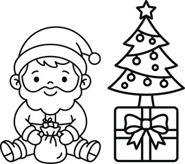 Fototapeta premium Line drawing depicts santa claus with gift bag christmas tree and present with ribbon cartoon