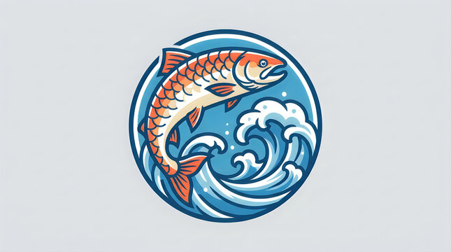 Jumping salmon fish illustration in a round water wave logo illustration