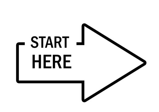 Black arrow points right. Text reads "START HERE" clearly. Bold lines create sharp contrast. Simple design suits digital interfaces. Great for directing attention