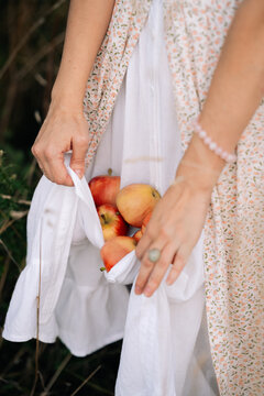 Woman collects apples in a field while wearing a floral dress during autumn