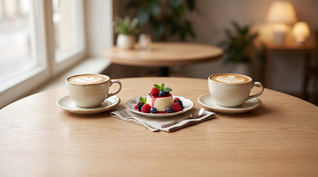 Two cups of latte coffee with a gourmet panna cotta dessert on a wooden table in a cafe