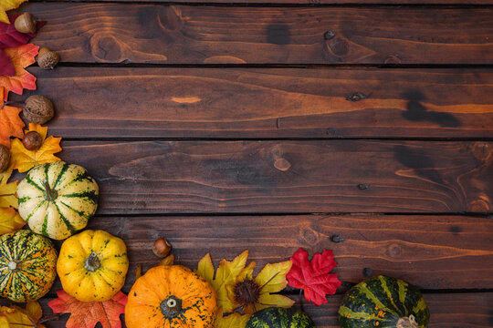 Autumn background with pumpkins and colorful leaves