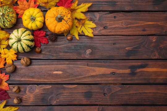 Autumn background with pumpkins and colorful leaves