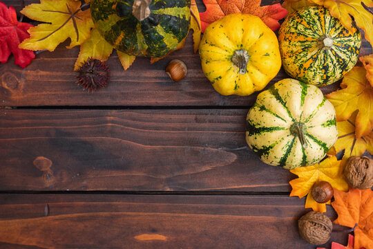 Autumn background with pumpkins and colorful leaves