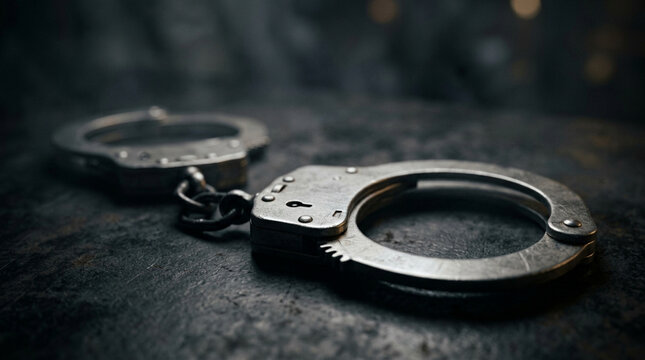 Metal Handcuffs on Textured Surface, Symbolizing Justice, Arrest, Crime, and Law